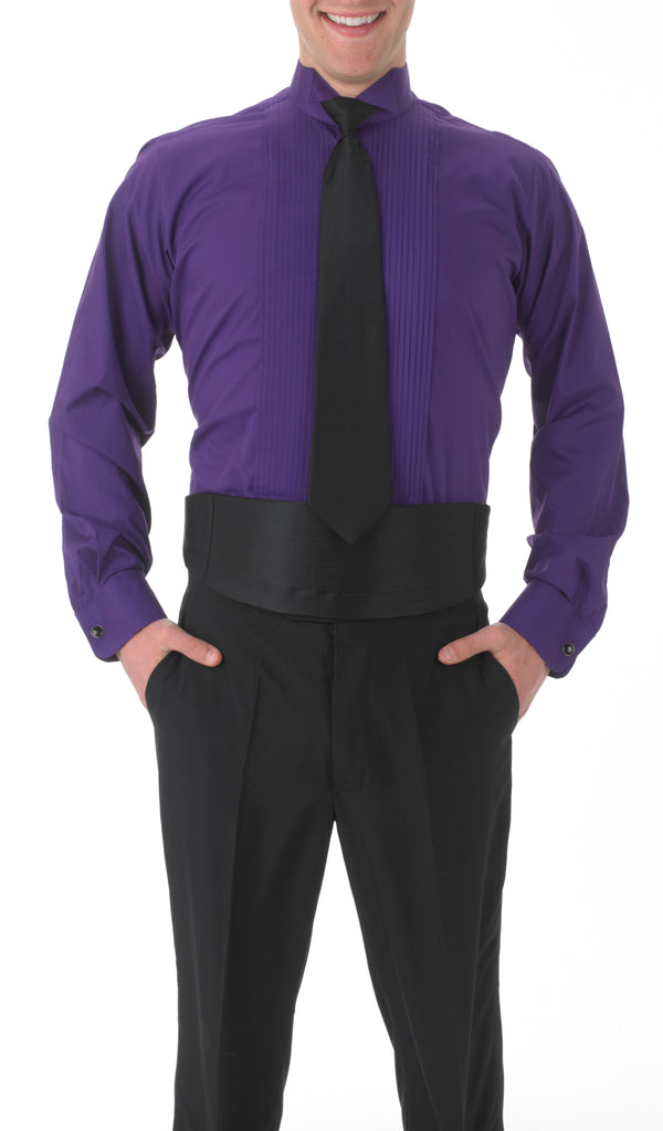 Men's Purple, Wing Tip Collar, Long Sleeve Tuxedo Shirt with ¼′′ Pleats