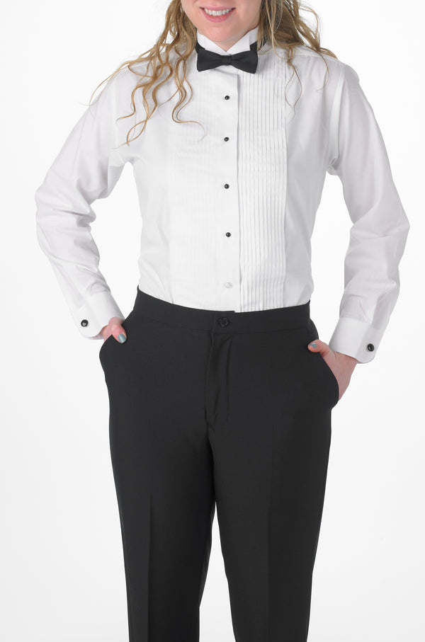 Women's White, Wing Tip Collar, Long Sleeve Tuxedo Shirt