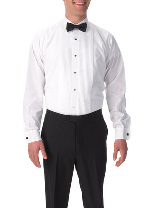 Men's White, Lay Down Collar, Long Sleeve Tuxedo Shirt with ¼″ Pleats