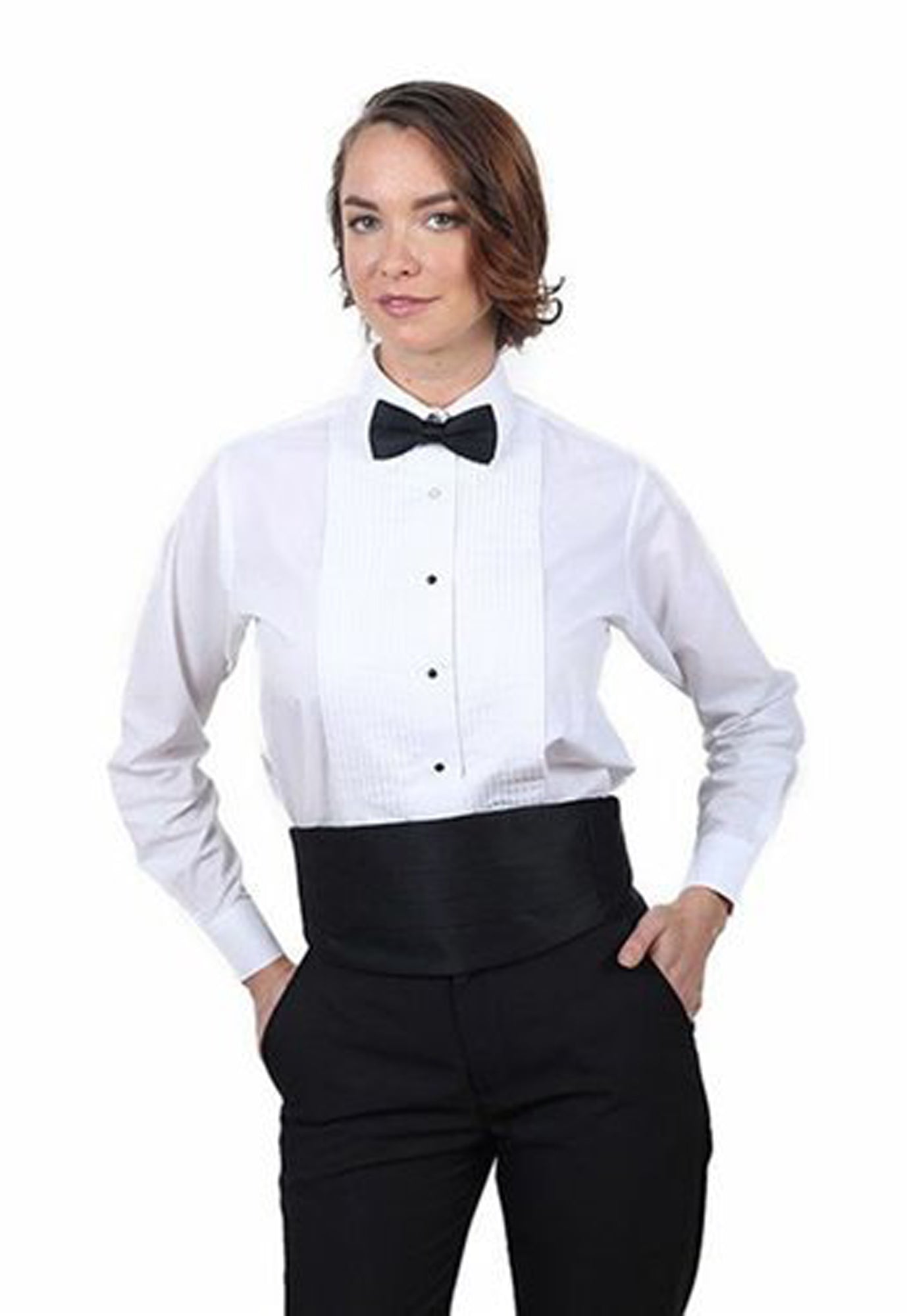 Women's White, Lay Down Collar, Long Sleeve Tuxedo Shirt with ¼′′ Pleats
