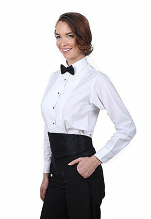Women's White, Lay Down Collar, Long Sleeve Tuxedo Shirt with ¼″ Pleats