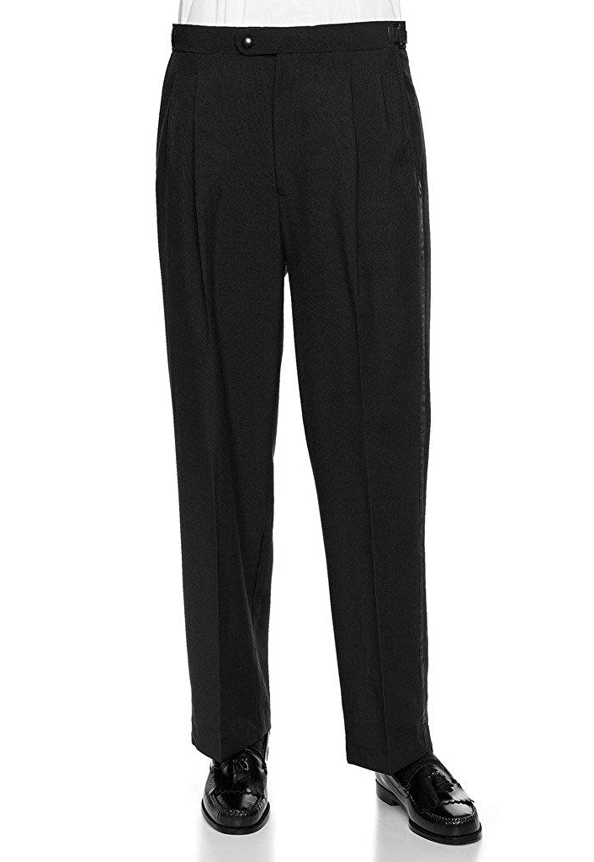 Men's Black, Pleated Front, Comfort-Waist Tuxedo Pants with Satin Stripe