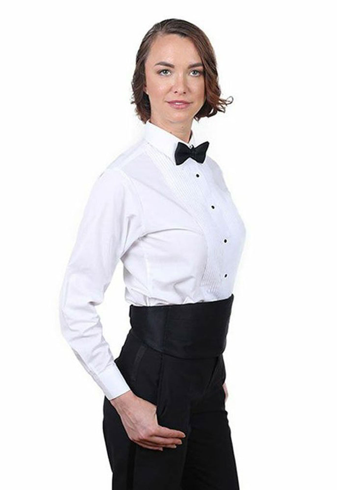 Women's White, Lay Down Collar, Long Sleeve Tuxedo Shirt with ¼″ Pleats