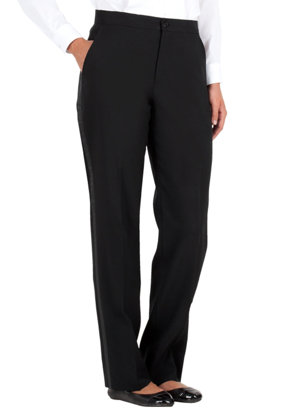 Women's Black, Flat Front, Tuxedo Pants with Satin Stripe Women's Black, Flat Front, Tuxedo Pants with Satin Stripe