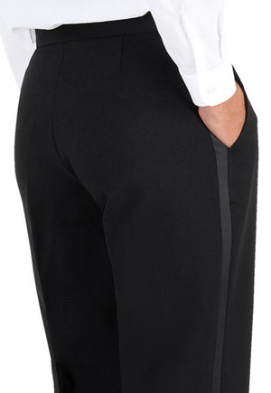 Women's Black, Flat Front, Comfort-Waist Tuxedo Pants with Satin Stripe
