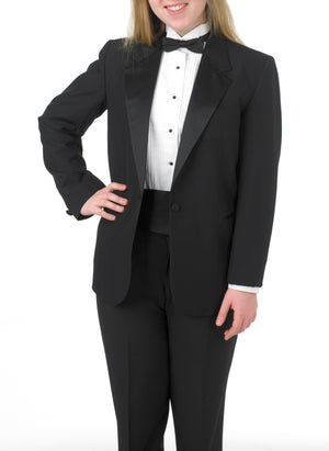 Women's Black, Single Breasted, 1-Button, Satin Notch Lapel Tuxedo Jacket