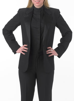 Women's Black, Single Breasted, 1-Button, Satin Notch Lapel Tuxedo Jacket