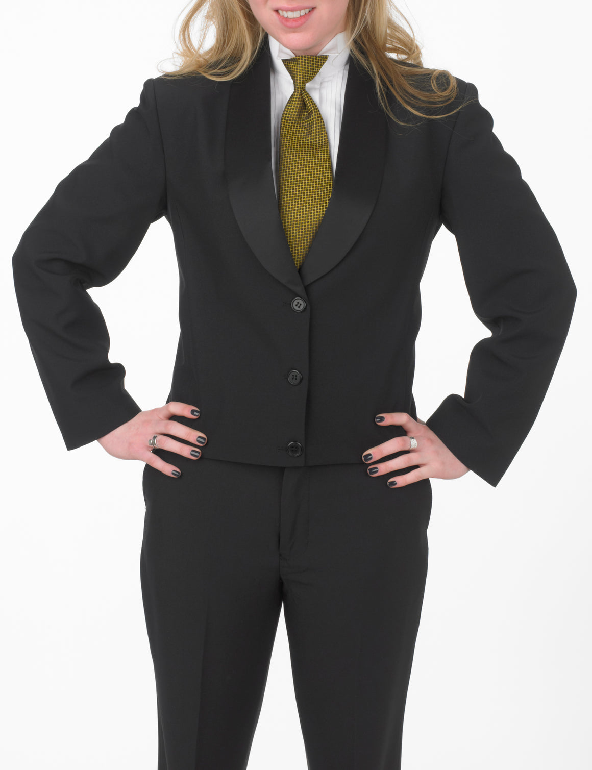 Women's Black, Single Breasted, 1-Button, Satin Notch Lapel Tuxedo Jacket Women's Black, Single Breasted, 1-Button, Satin Notch Lapel Tuxedo Jacket