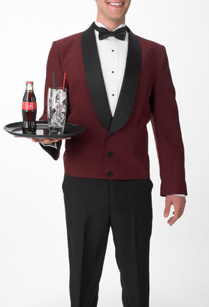 A waiter serving a delicious cold beverage in his Burgundy Eton Jacket