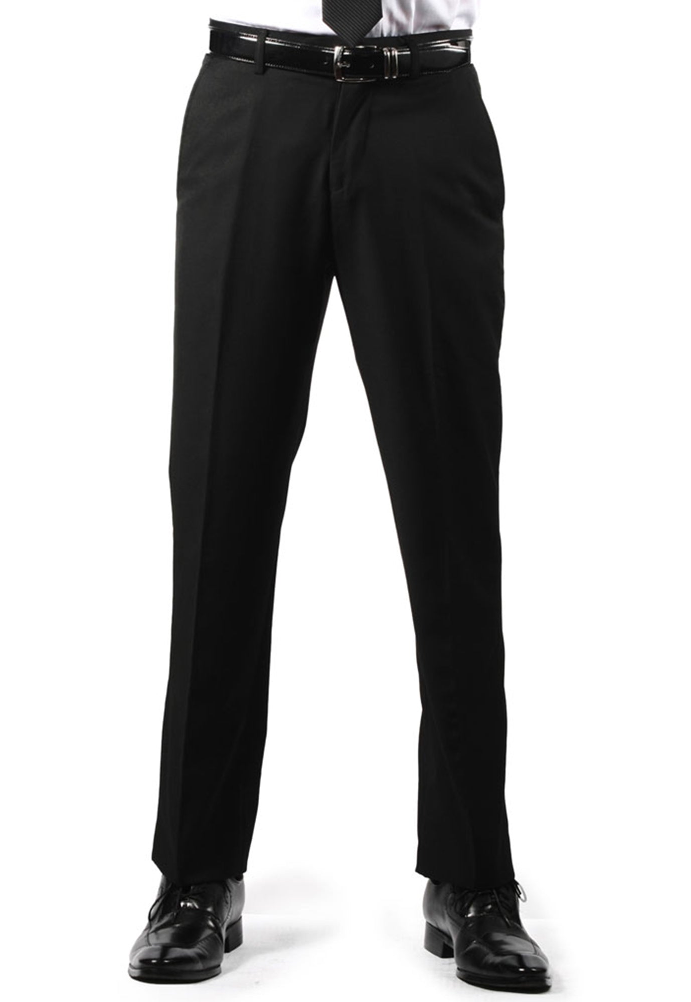 Men's Black, Flat Front, Comfort-Waist Dress Pants - 99tux