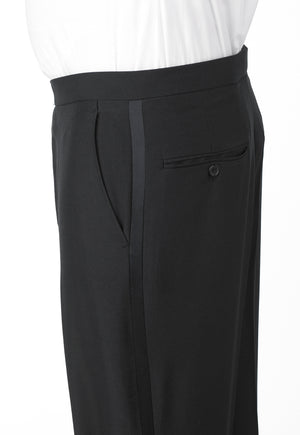 Men's Black, Pleated Front, Tuxedo Pants with Satin Stripe