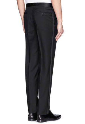 Boy's Black, Adjustable-Waist, Pleated Front Tuxedo Pants with Satin Stripe