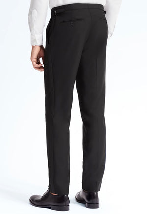 Men's Black, Adjustable-Waist, Pleated Front Tuxedo Pants with Satin Stripe