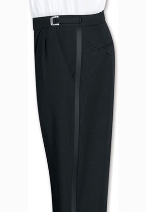 Men's Black, Adjustable-Waist, Pleated Front Tuxedo Pants with Satin Stripe