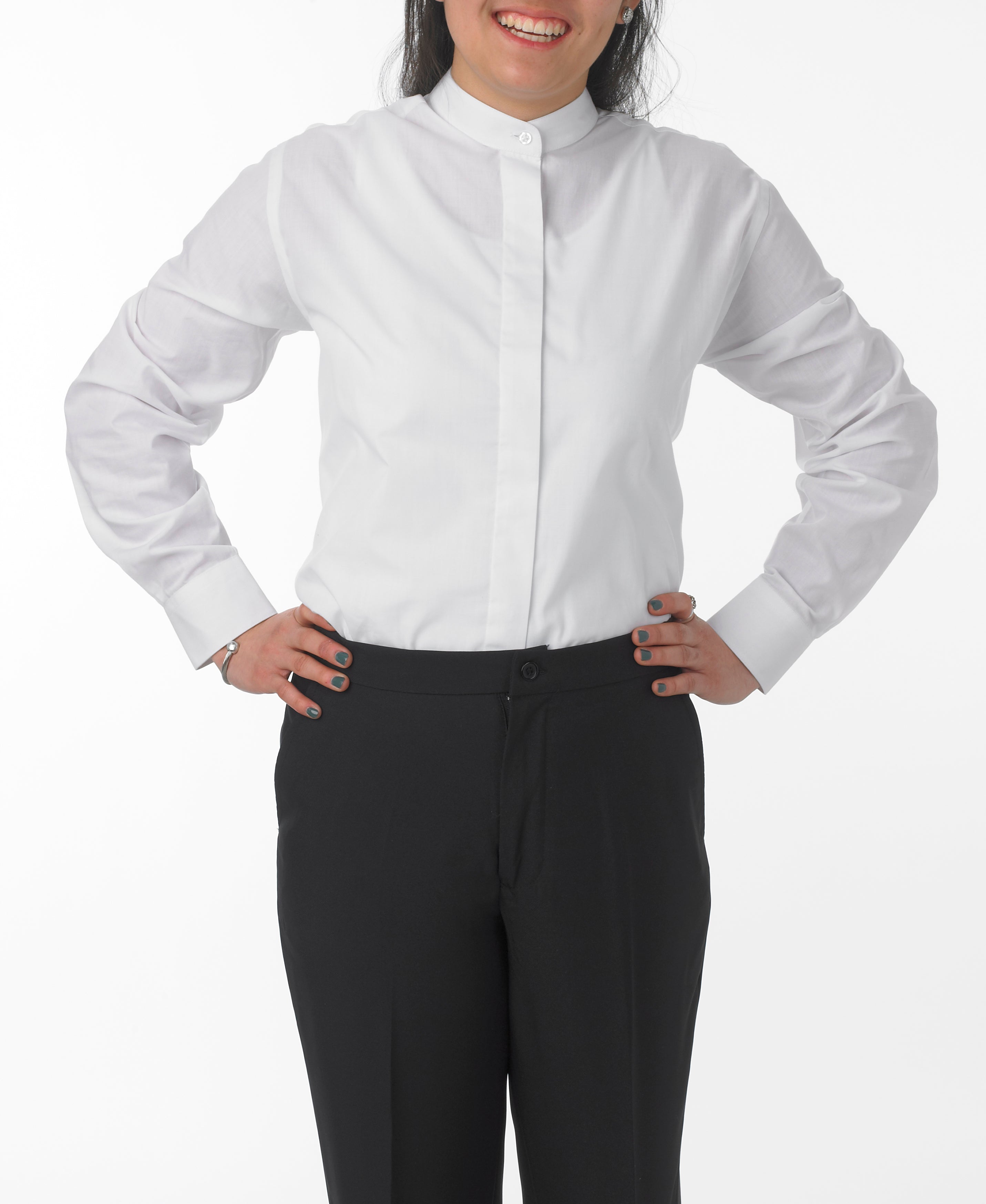 Women's White, Banded Collar, Long Sleeve Dress Shirt Women's White, Banded Collar, Long Sleeve Dress Shirt