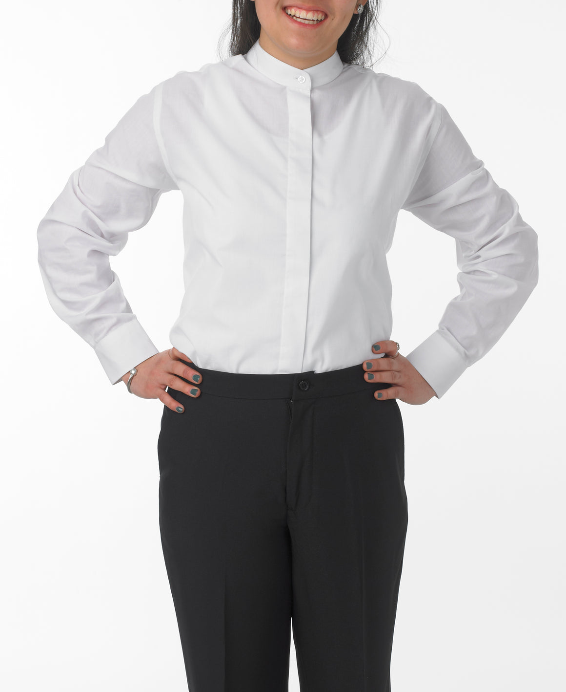 Women's White, Banded Collar, Long Sleeve Dress Shirt