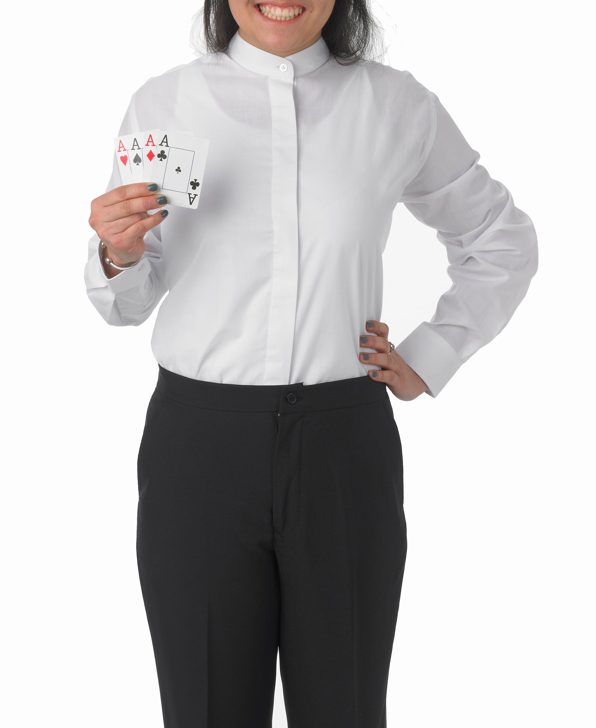 Women's White, Banded Collar, Long Sleeve Dress Shirt - 99tux Women's White, Banded Collar, Long Sleeve Dress Shirt - 99tux