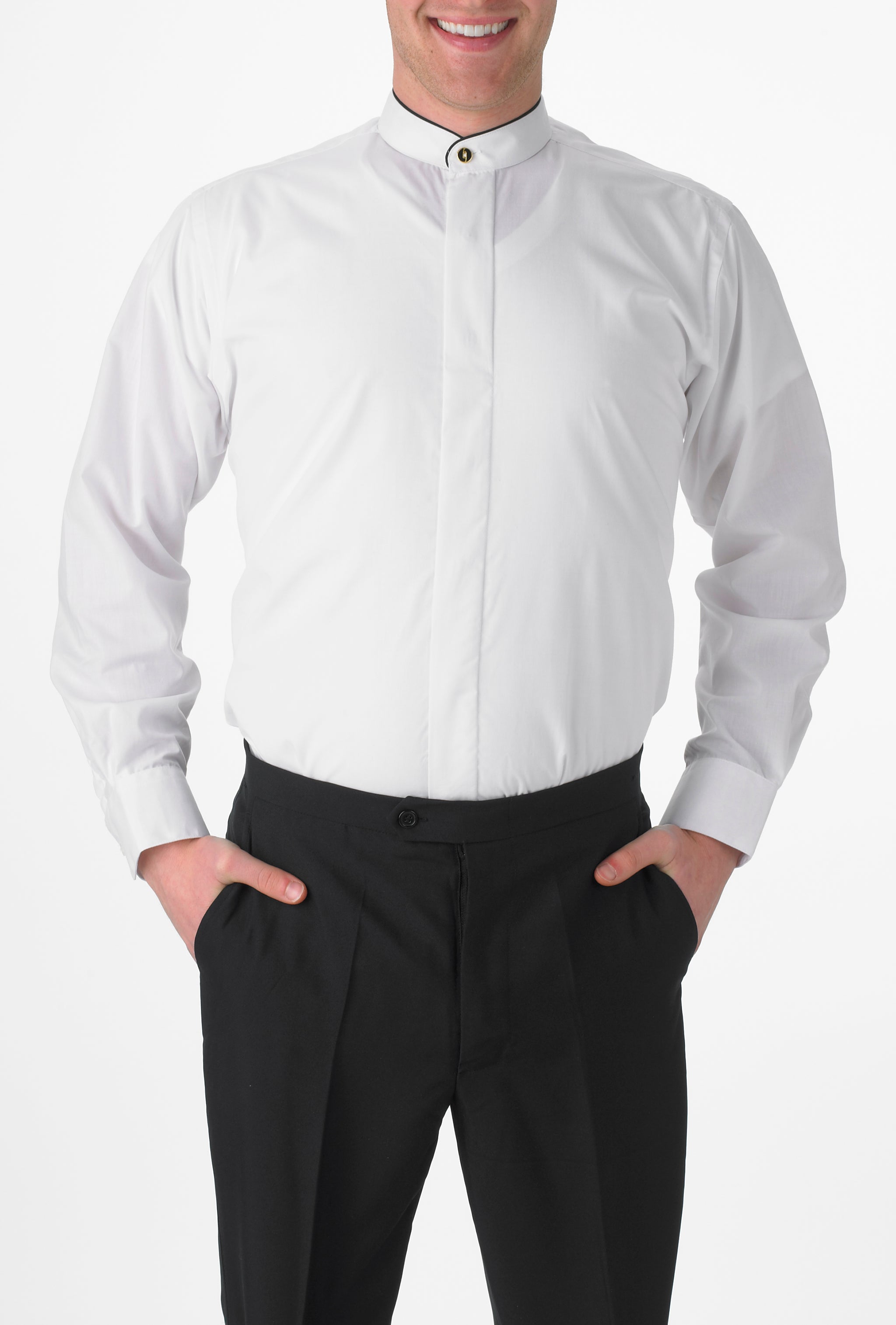 Men's White, Banded Collar, Long Sleeve Dress Shirt with Black Piping Men's White, Banded Collar, Long Sleeve Dress Shirt with Black Piping