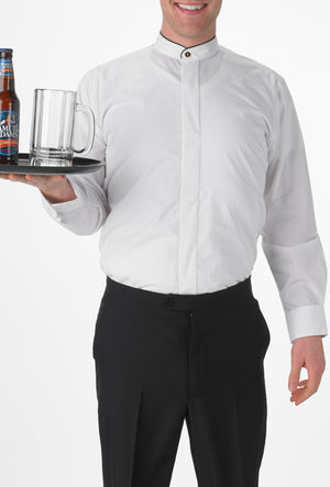 Men's White, Banded Collar, Long Sleeve Dress Shirt with Black Piping