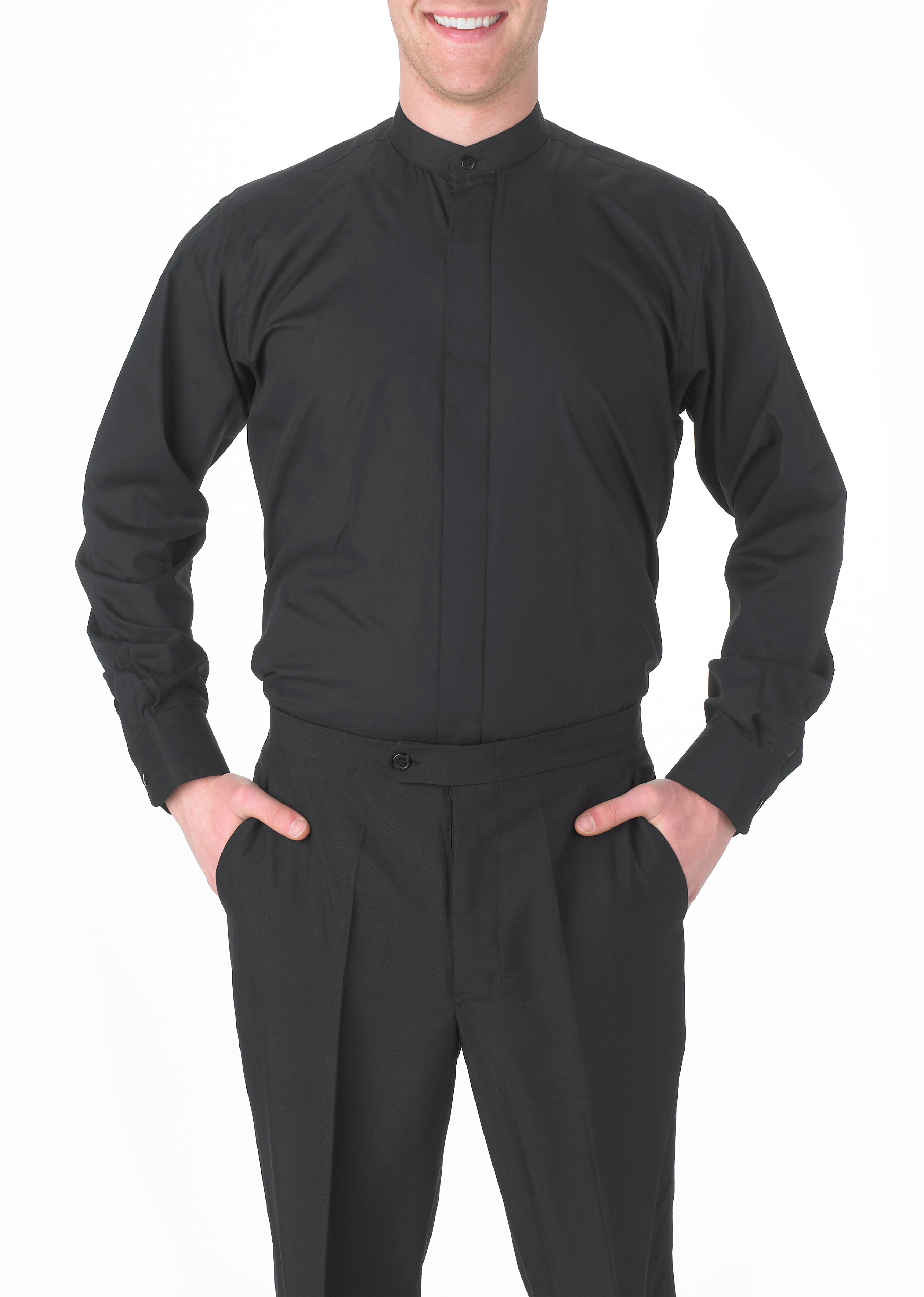 Men's Black, Banded Collar, Long Sleeve Dress Shirt - 99tux