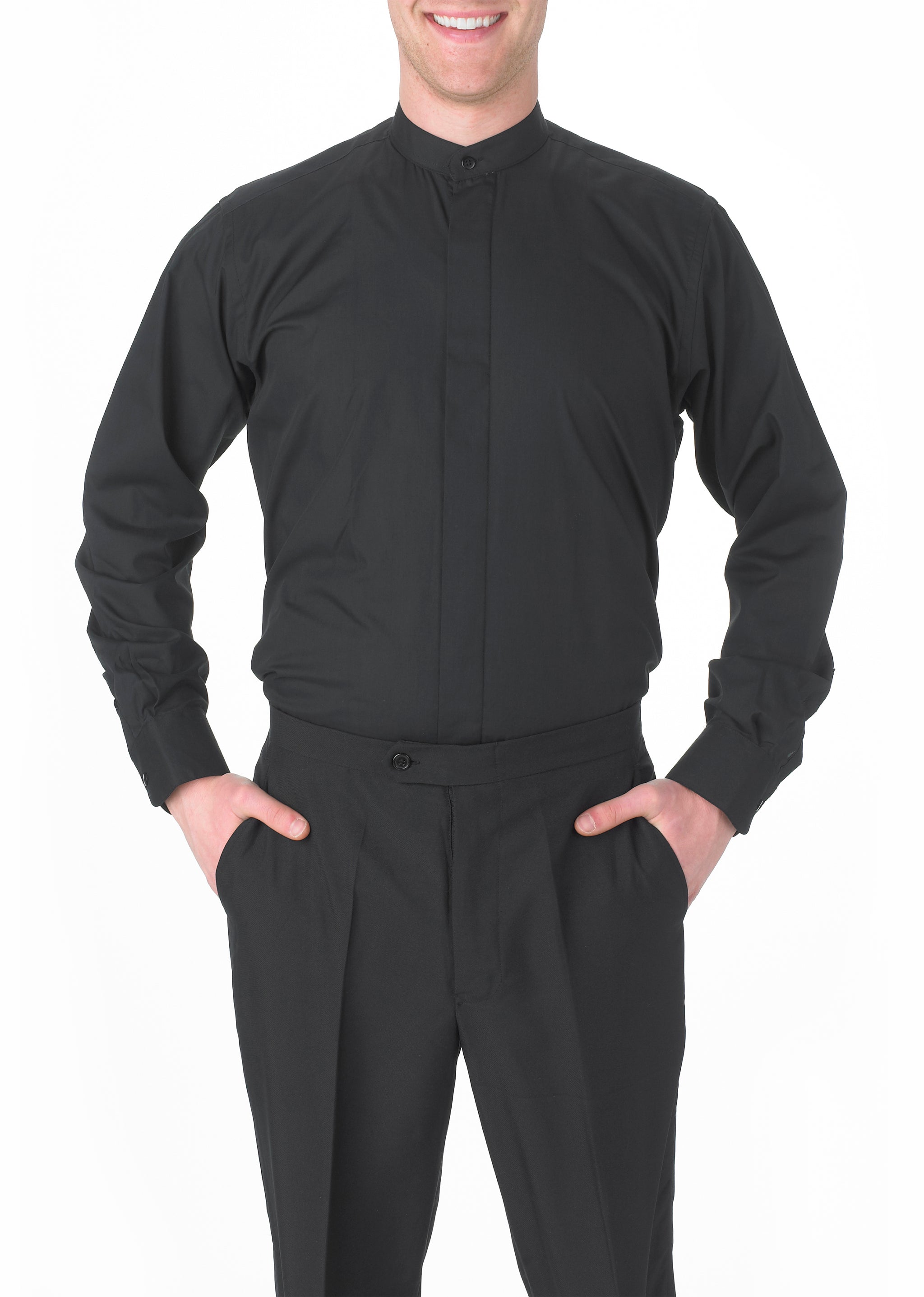 Men's Black, Banded Collar, Long Sleeve Dress Shirt Men's Black, Banded Collar, Long Sleeve Dress Shirt