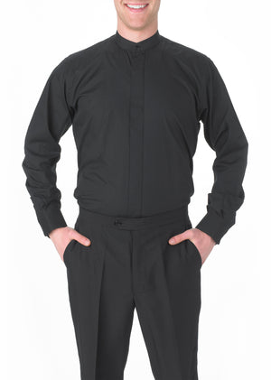 Men's Black, Banded Collar, Long Sleeve Dress Shirt
