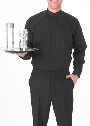 Men's Black, Banded Collar, Long Sleeve Dress Shirt