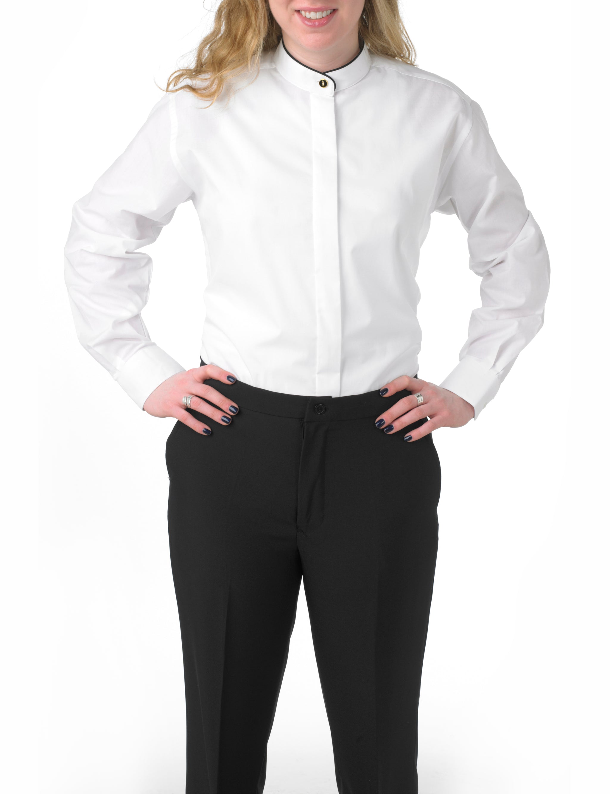 Women's White, Banded Collar, Long Sleeve Dress Shirt with Black Piping Women's White, Banded Collar, Long Sleeve Dress Shirt with Black Piping