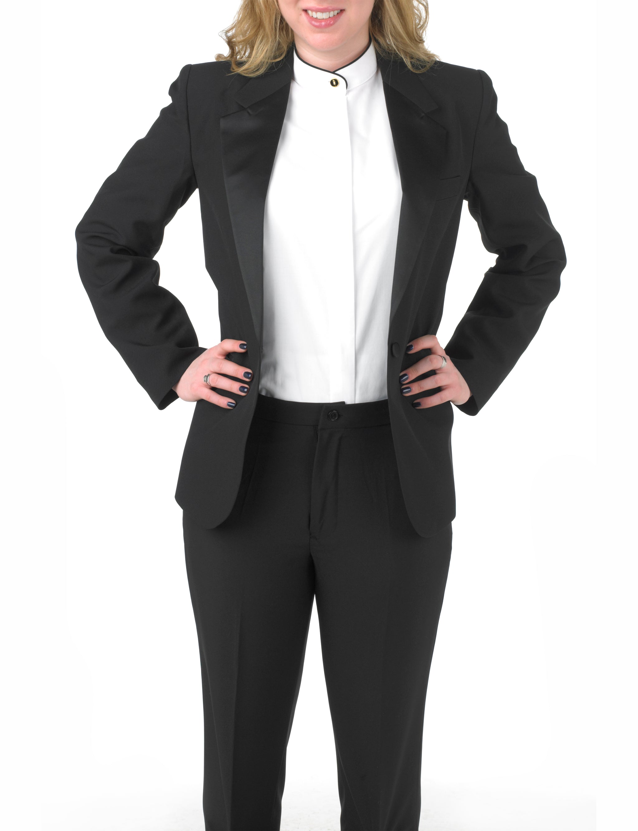 Women's White, Banded Collar, Long Sleeve Dress Shirt with Black Piping Women's White, Banded Collar, Long Sleeve Dress Shirt with Black Piping