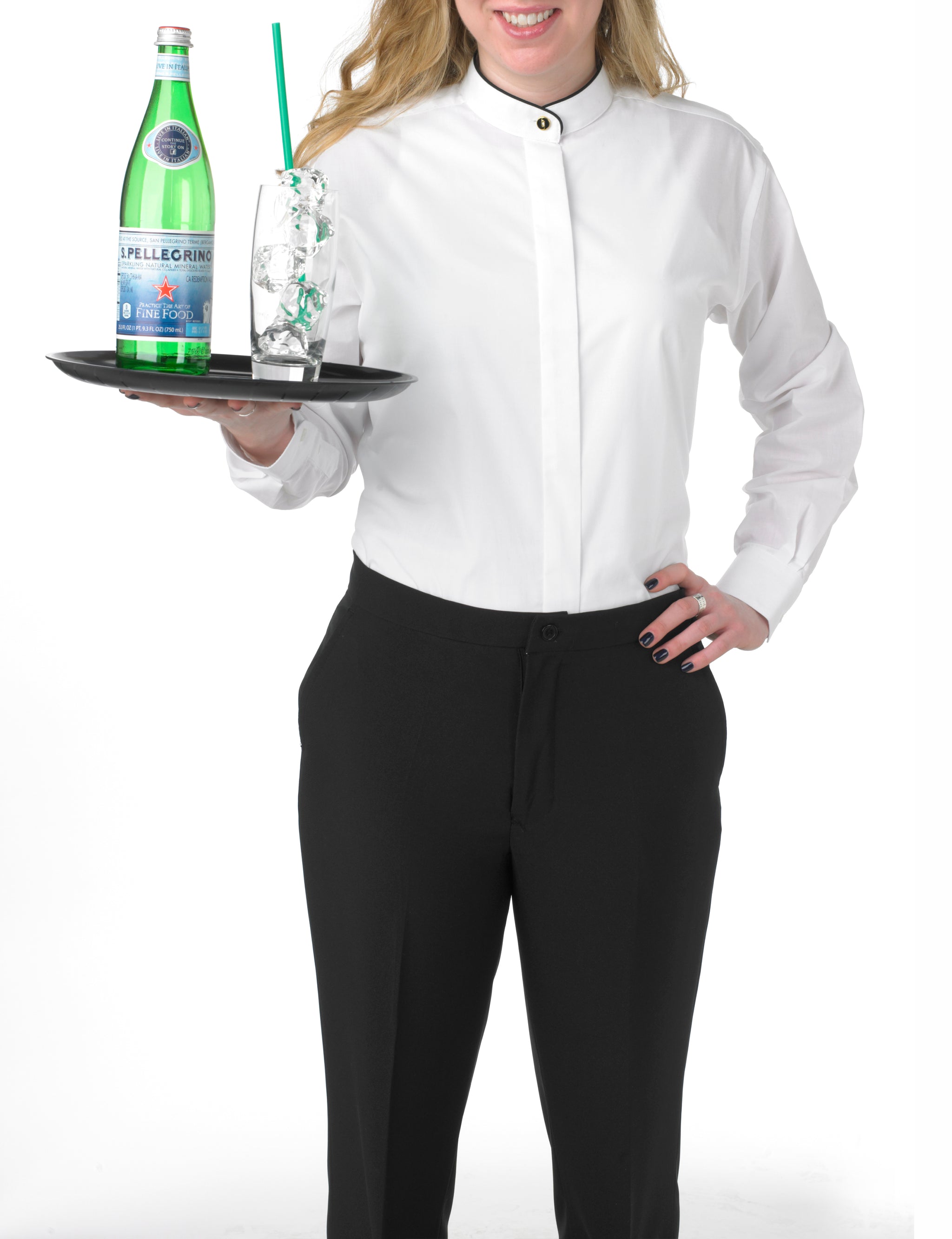 Women's White, Banded Collar, Long Sleeve Dress Shirt with Black Piping Women's White, Banded Collar, Long Sleeve Dress Shirt with Black Piping