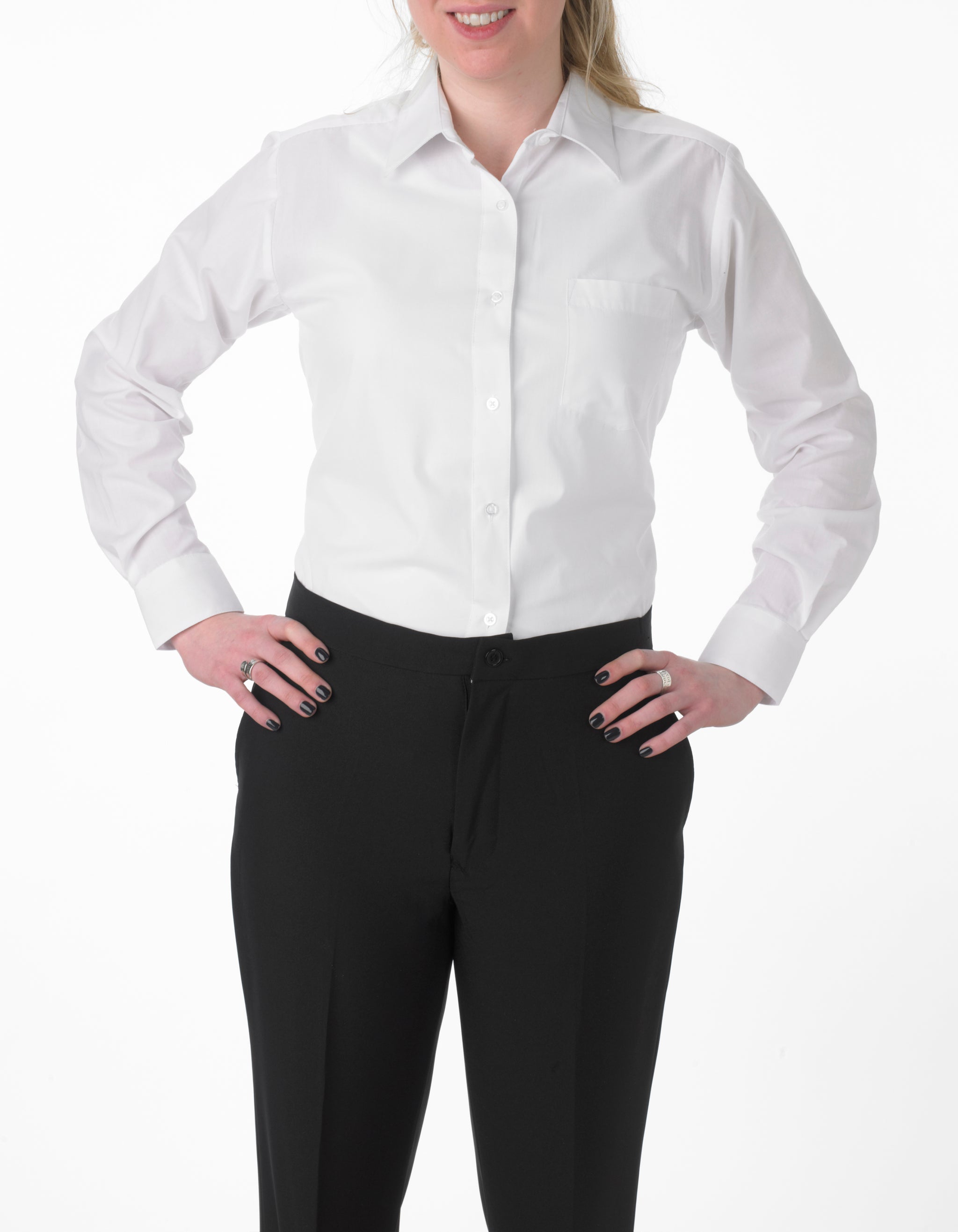 Women’s White, Lay Down Collar, Long Sleeve Dress Shirt - 99tux