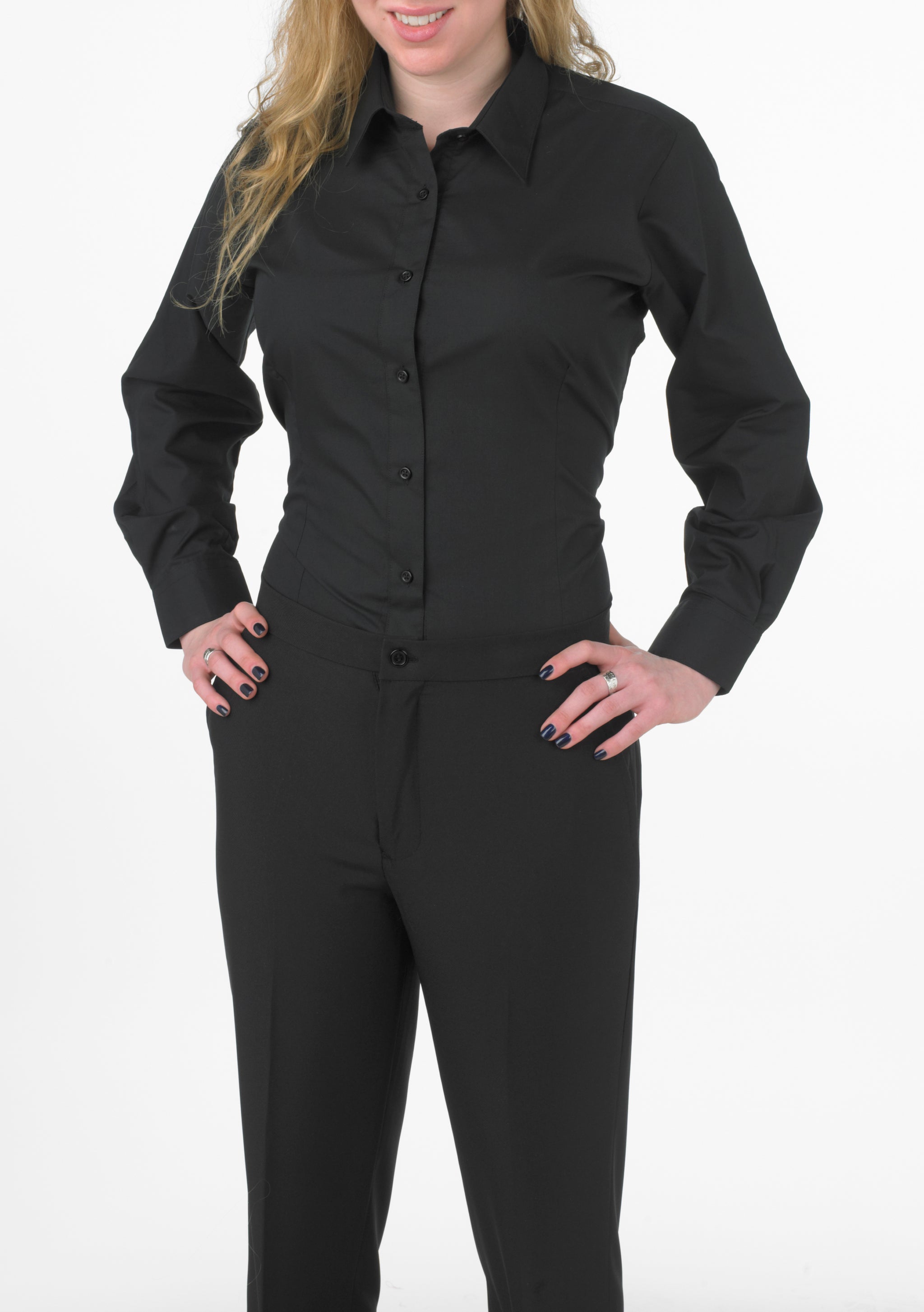 Women's Black, Long-Sleeve Form-Fitted Dress Shirt - 99tux