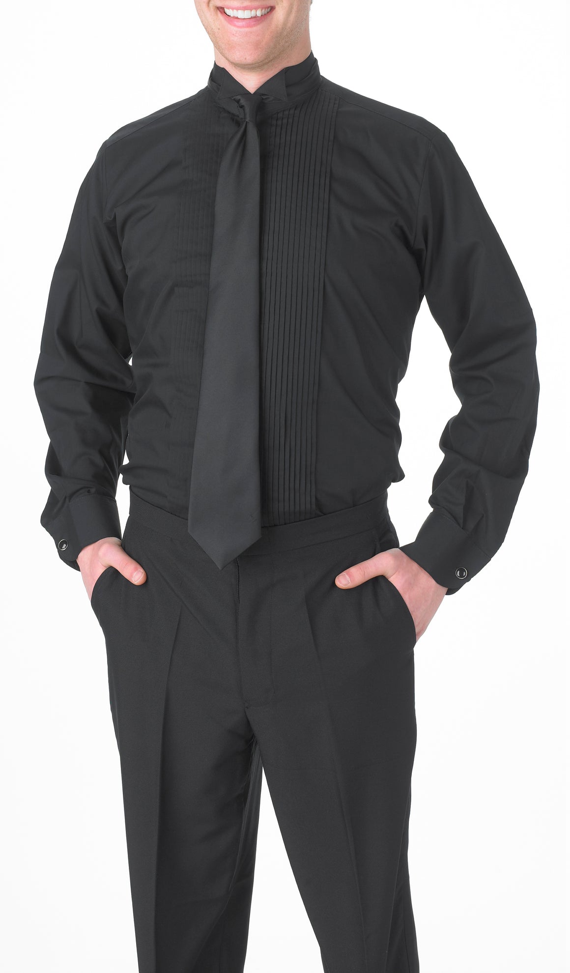 Men's Black, Wing Tip Collar, Long Sleeve Tuxedo Shirt with ¼″ Pleats