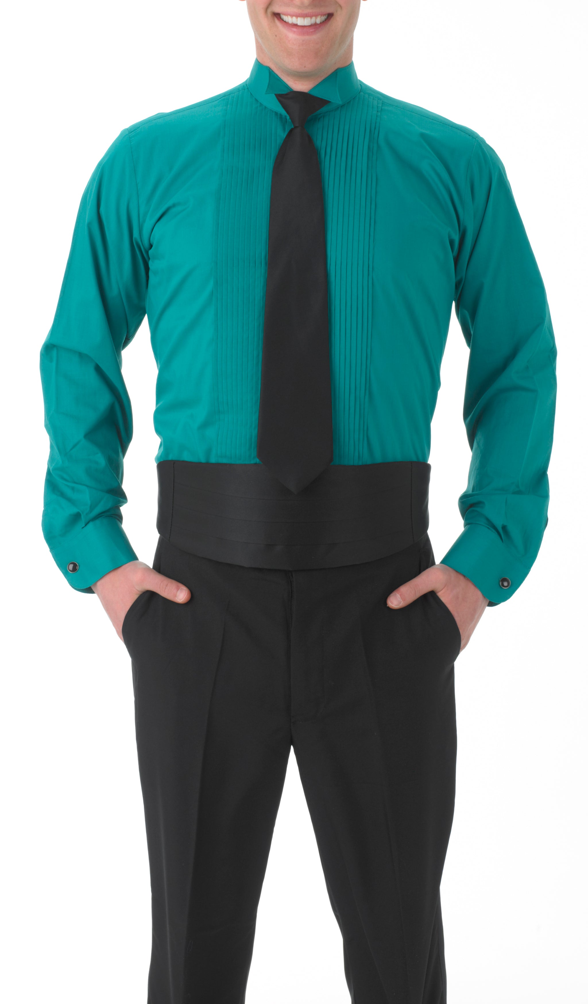 Men's Teal, Wing Tip Collar, Long Sleeve Tuxedo Shirt with ¼′′ Pleats Men's Teal, Wing Tip Collar, Long Sleeve Tuxedo Shirt with ¼′′ Pleats