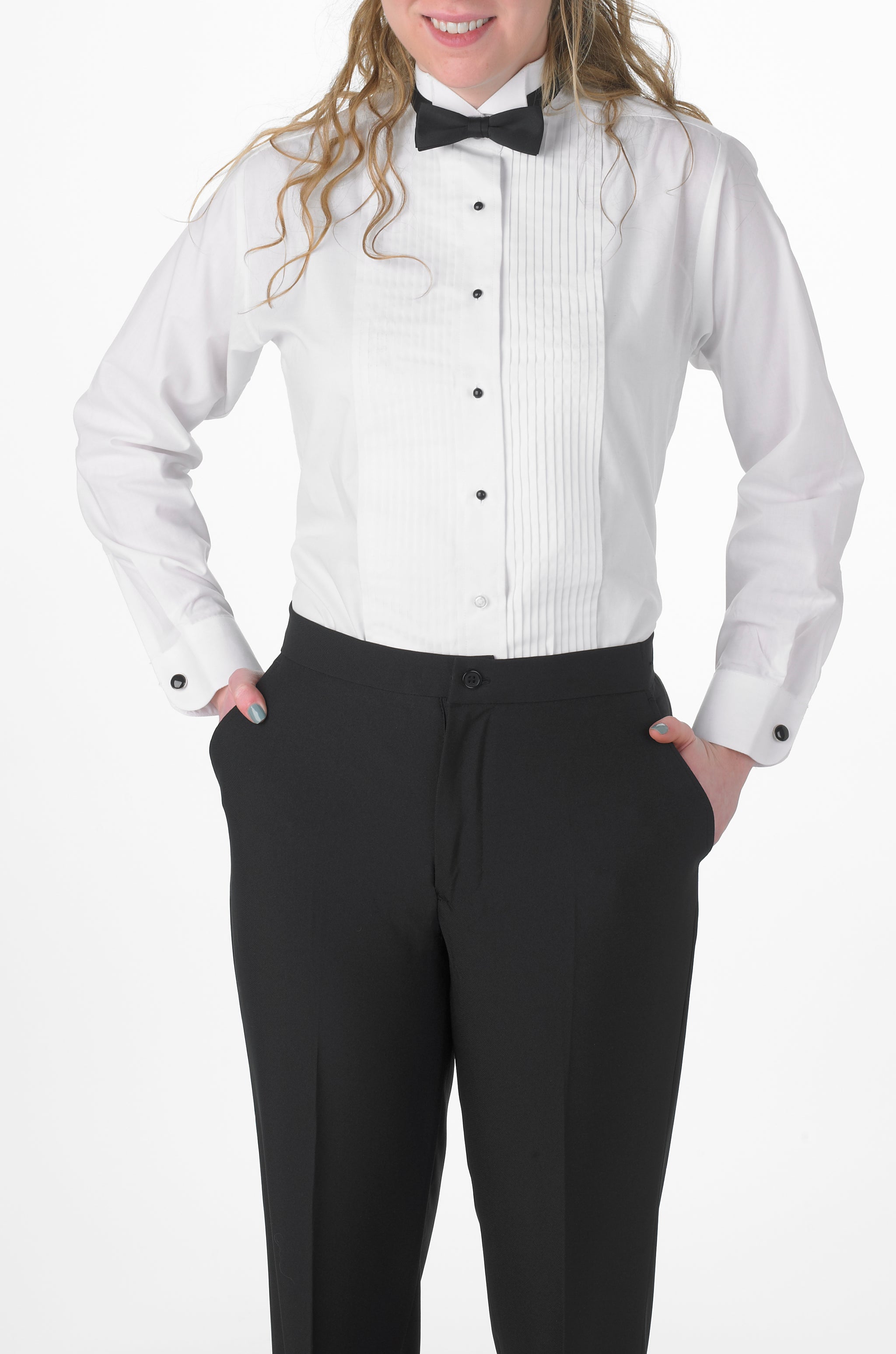 Women's White, Wing Tip Collar, Long Sleeve Tuxedo Shirt with Pleats Women's White, Wing Tip Collar, Long Sleeve Tuxedo Shirt with Pleats