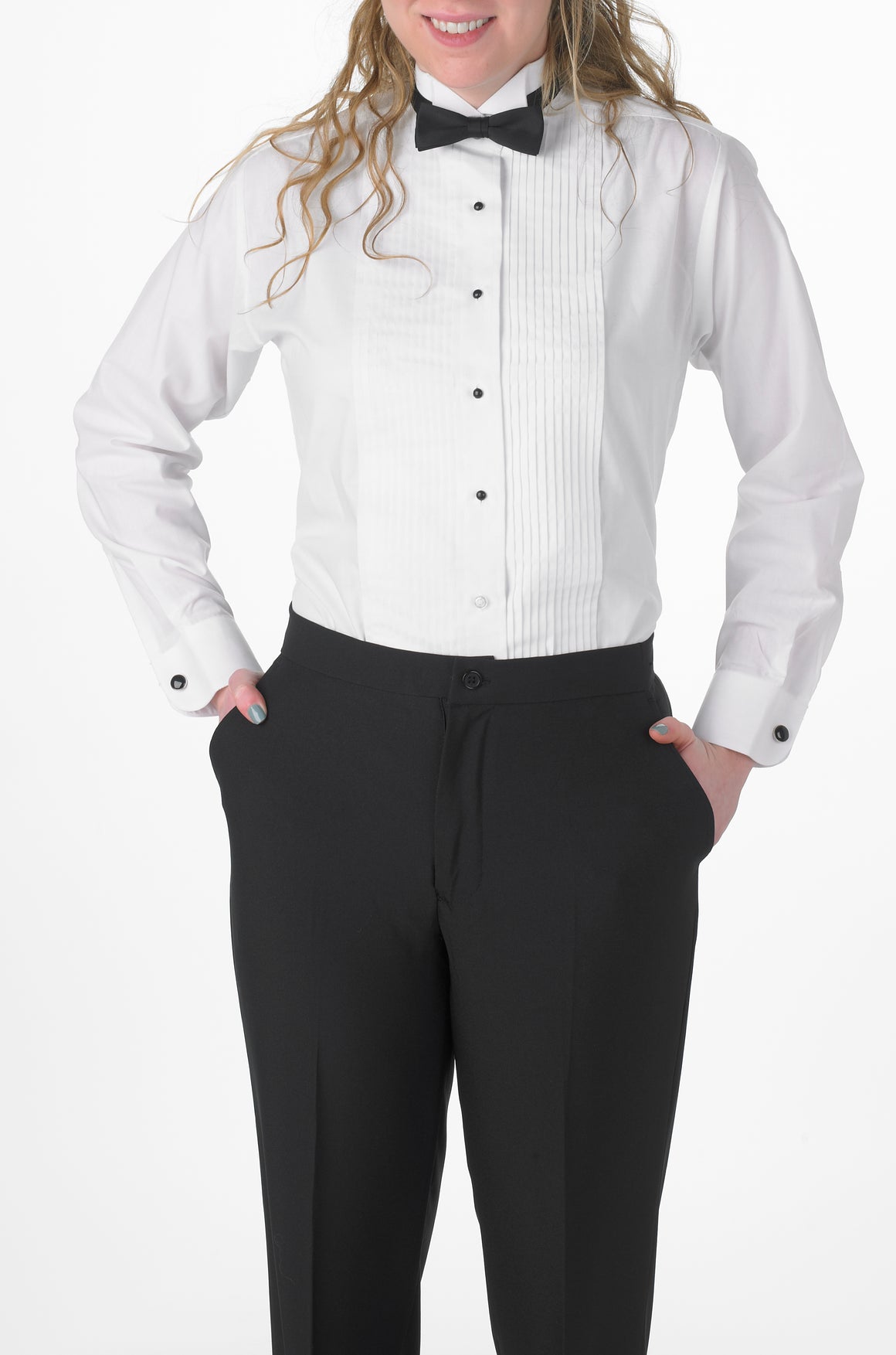 Women's White, Banded Collar, Long Sleeve Dress Shirt with Black Piping Women's White, Banded Collar, Long Sleeve Dress Shirt with Black Piping