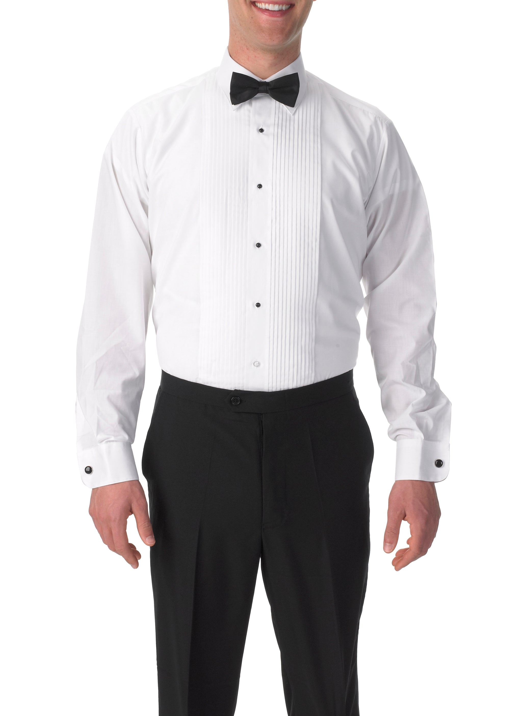 Men's White, Lay Down Collar, Long Sleeve Tuxedo Shirt with ยผโฒโฒ Pleats