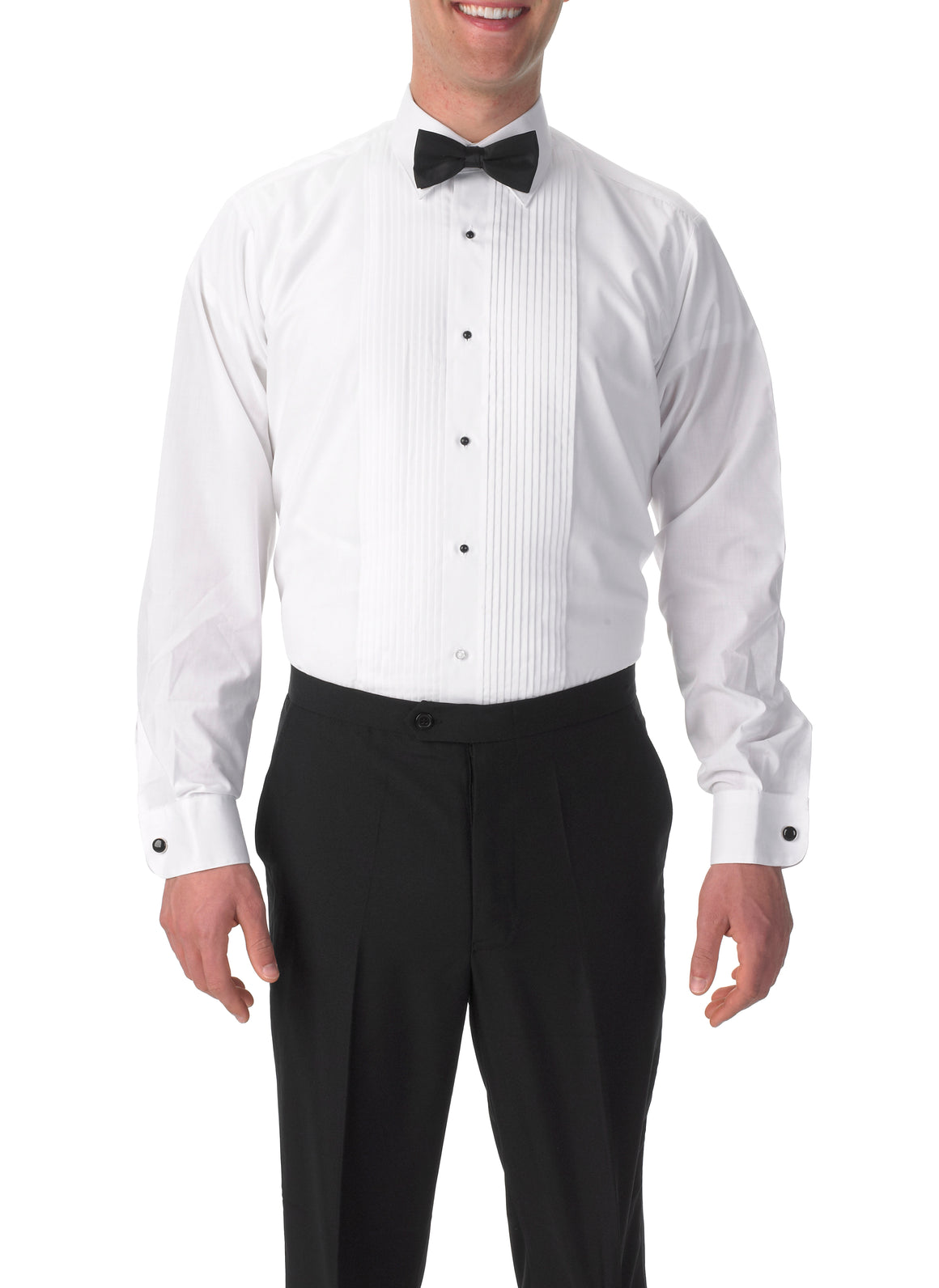 Men's White, Lay Down Collar, Long Sleeve Tuxedo Shirt with ¼″ Pleats