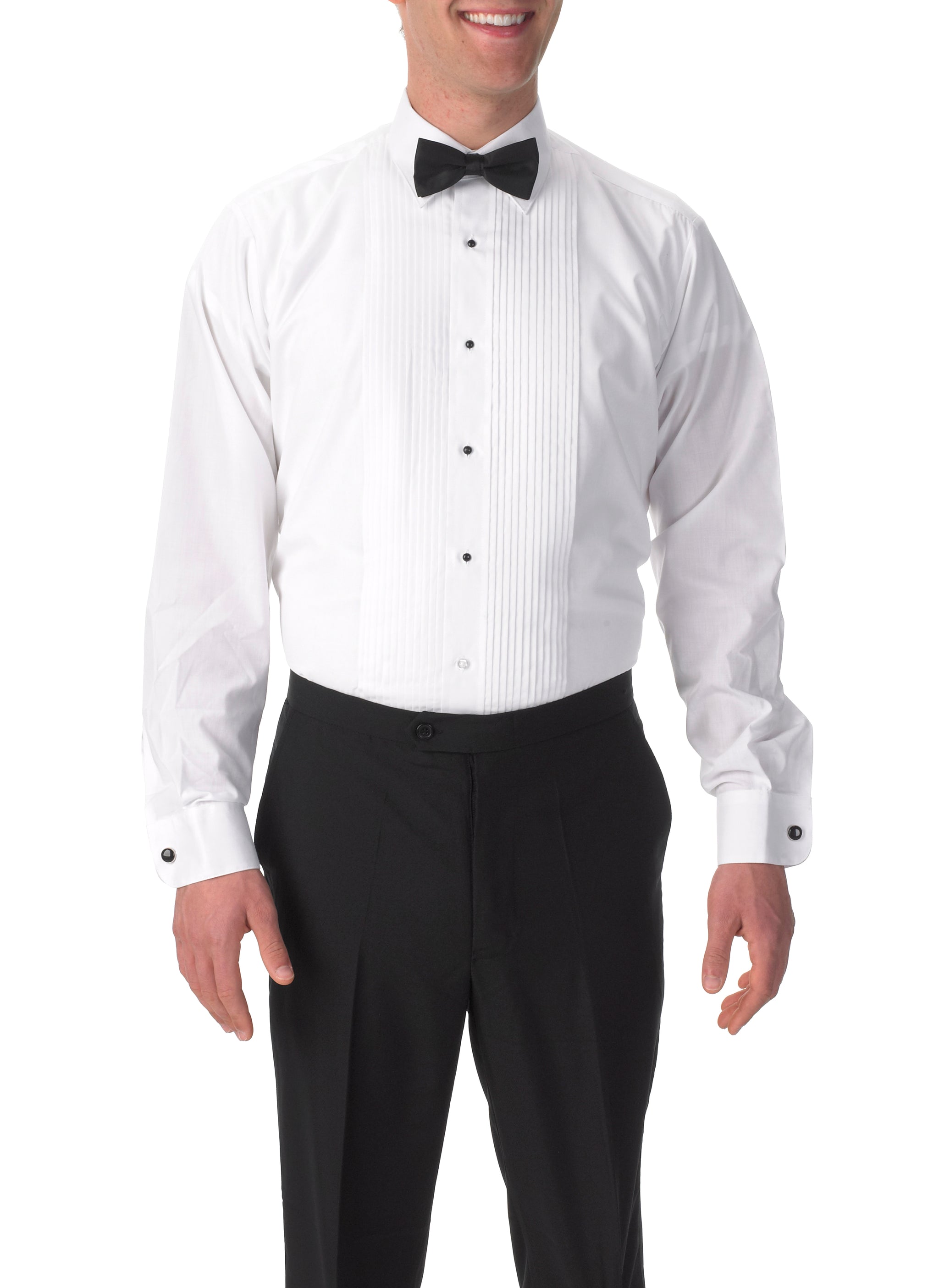 Men's White, Lay Down Collar, Long Sleeve Tuxedo Shirt with ¼′′ Pleats Men's White, Lay Down Collar, Long Sleeve Tuxedo Shirt with ¼′′ Pleats