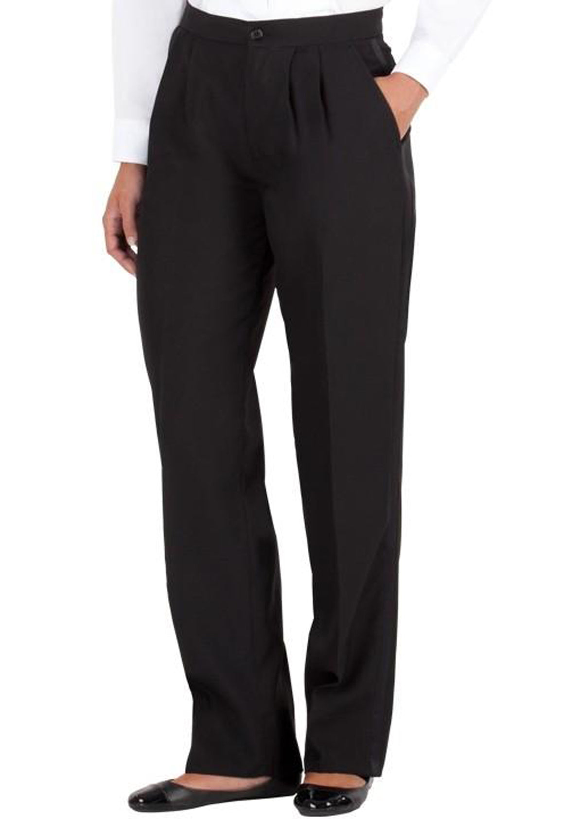 Women's Black, Pleated Front, Tuxedo Pants with Satin Stripe