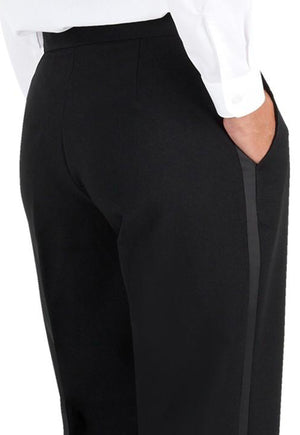 Women's Black, Pleated Front, Comfort-Waist Tuxedo Pants with Satin Stripe